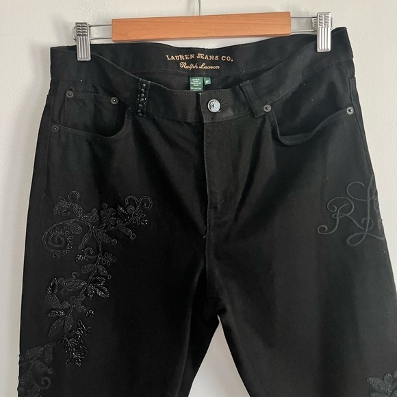 Lauren Ralph Lauren Black Embroidery Embellished High Rise Straight Leg Jeans - Picture 6 of 11